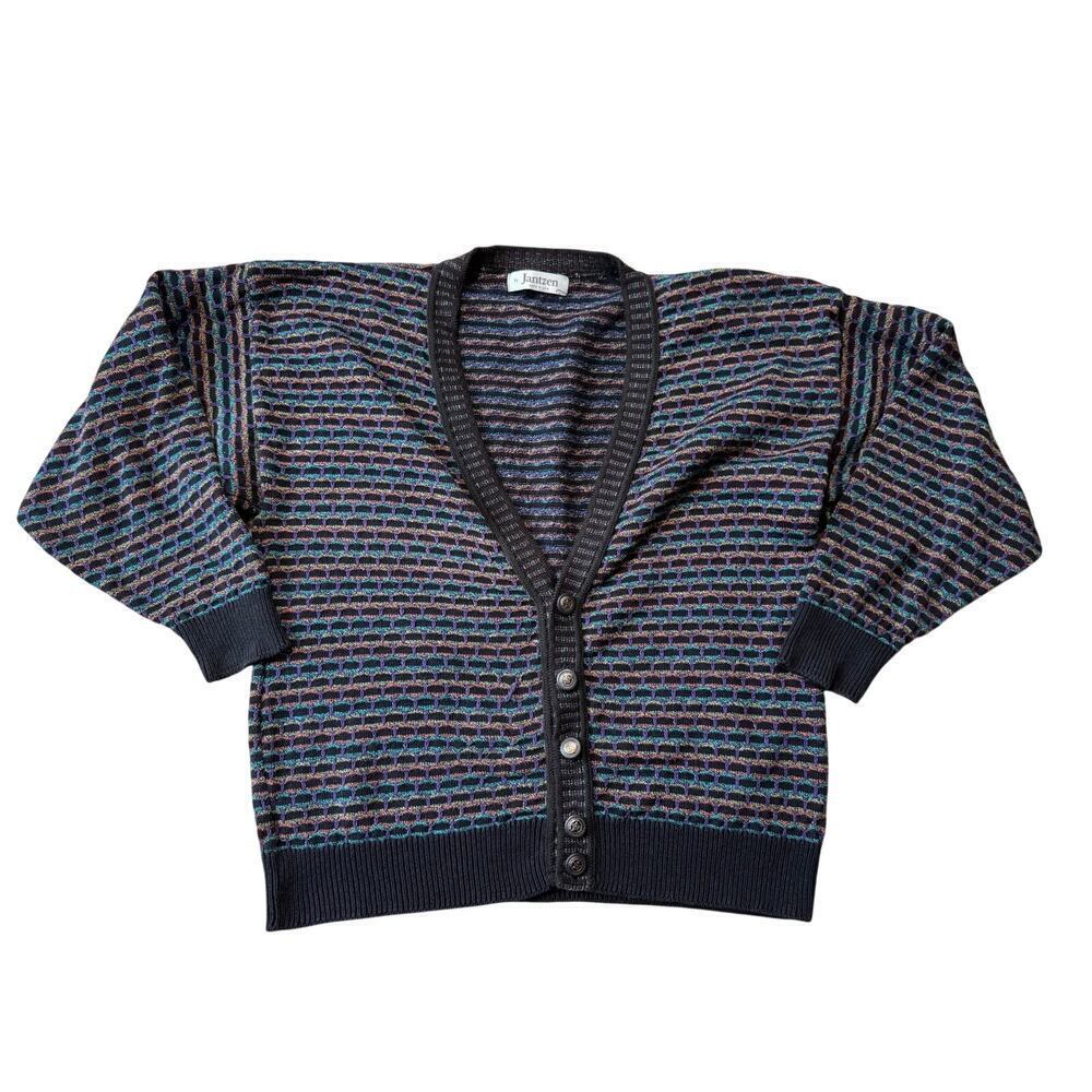 Vintage 80's/90's  Jantzen Cardigan Sweater; Striped; Detailed Buttons; XL